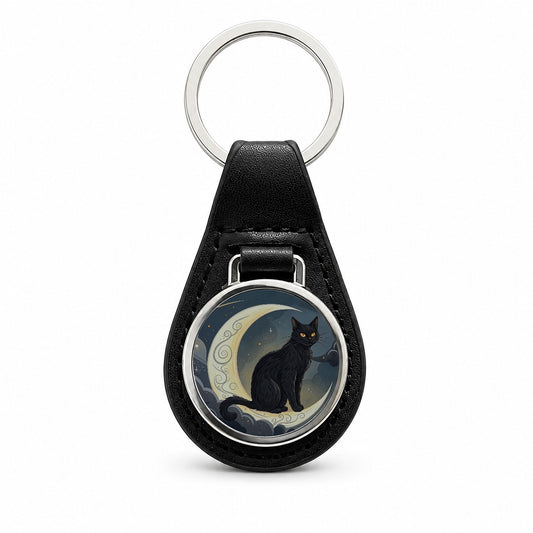 Black Cat Tarot Moon Black Leather Metal Keychain