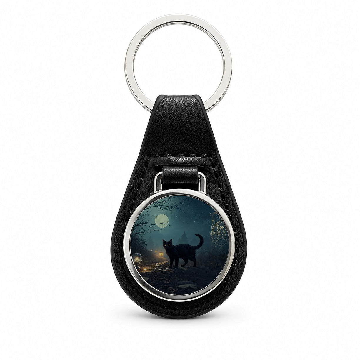 Black Cat Tarot Mystic Black Leather Metal Keychain
