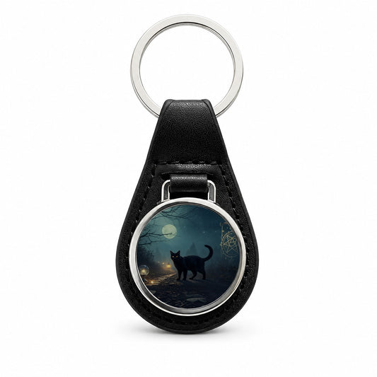 Black Cat Tarot Mystic Black Leather Metal Keychain