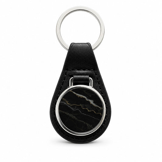 Black Marble Black Leather Metal Keychain