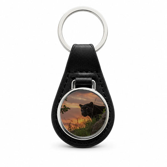 Black Panther At Sunset Black Leather Metal Keychain
