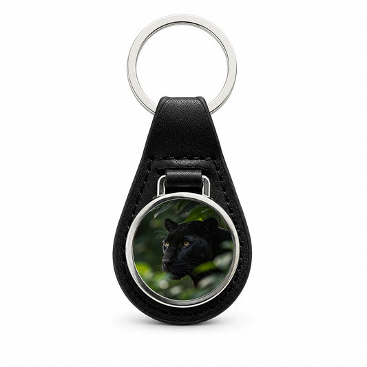 Black Panther Jungle Wildlife Black Leather Metal Keychain