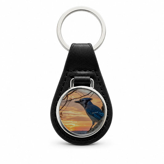 Blue Jay At Sunset Black Leather Metal Keychain
