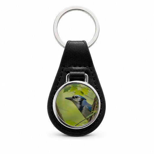 Blue Jay Bird Wildlife Black Leather Metal Keychain