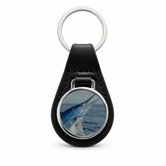 Blue Marlin Deep Sea Fishing Black Leather Metal Keychain