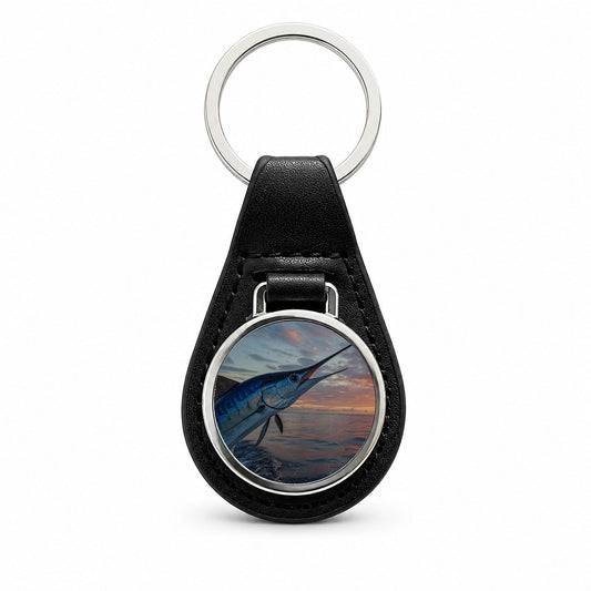 Blue Marlin Fishing Sunset Black Leather Metal Keychain