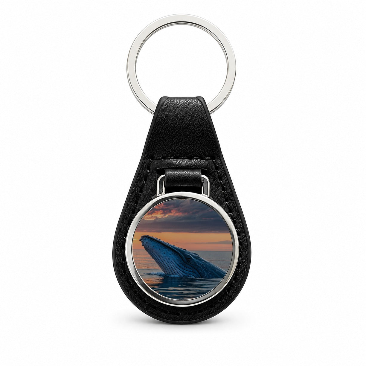 Blue Whale Ocean Sunset Black Leather Metal Keychain