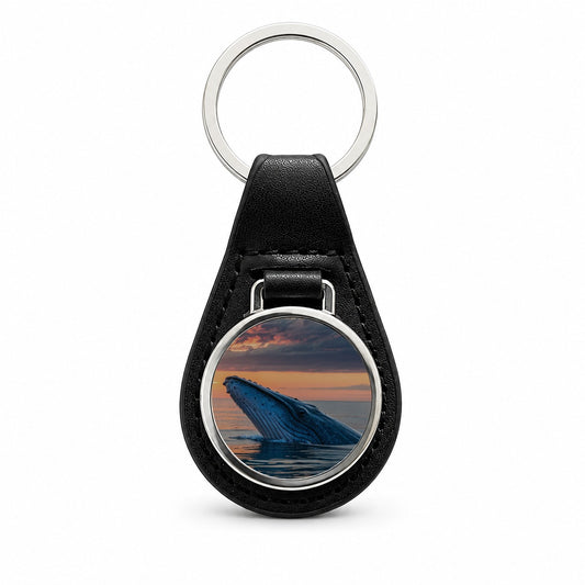 Blue Whale Ocean Sunset Black Leather Metal Keychain