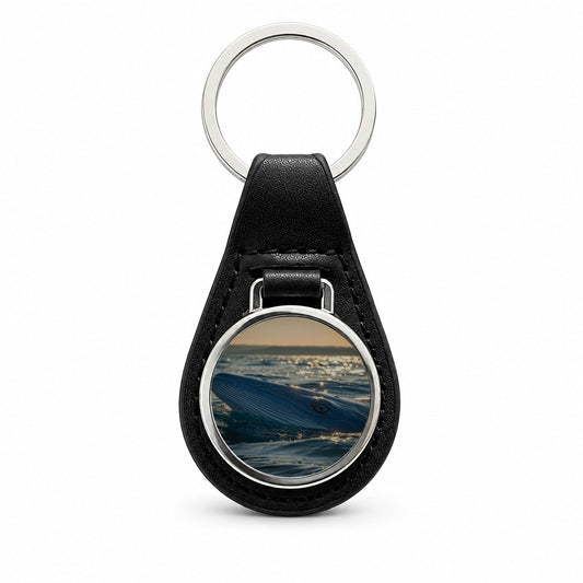 Blue Whale Ocean Wildlife Black Leather Metal Keychain