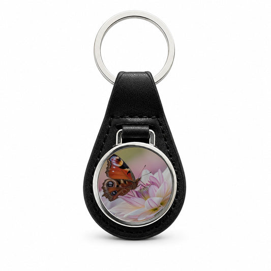Butterfly Wildflower Garden Scene Black Leather Metal Keychain