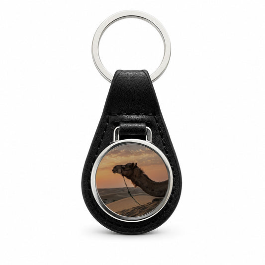Camel Desert At Sunset Black Leather Metal Keychain