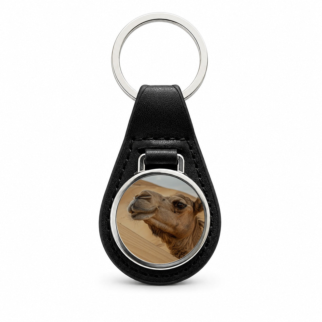 Camel Desert Wildlife Nature Black Leather Metal Keychain