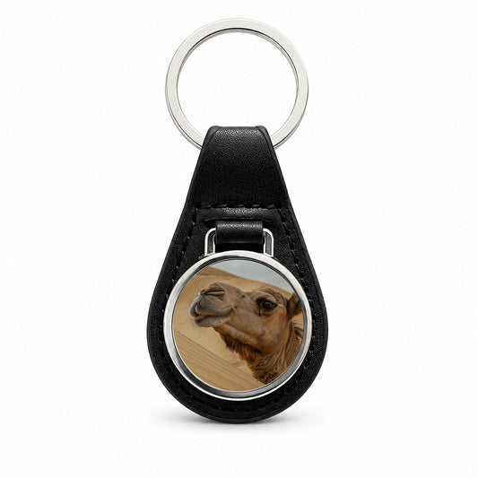 Camel Desert Wildlife Nature Black Leather Metal Keychain