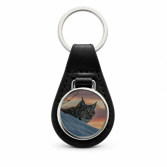 Canada Lynx At Sunset Black Leather Metal Keychain