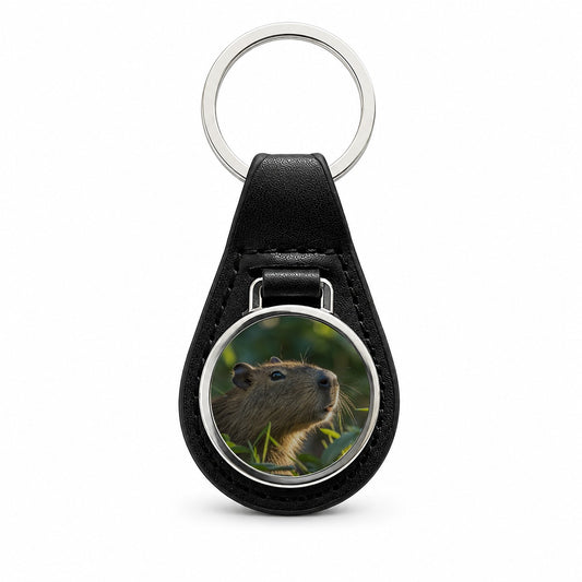 Capybara Wildlife Nature Scene Black Leather Metal Keychain
