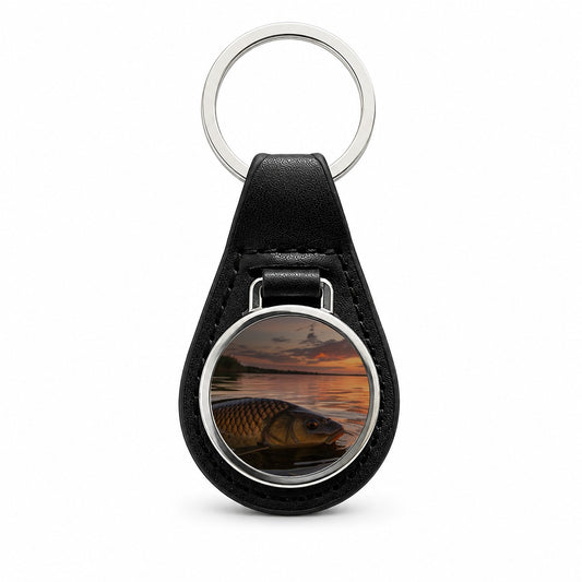 Carp Fishing At Sunset Black Leather Metal Keychain