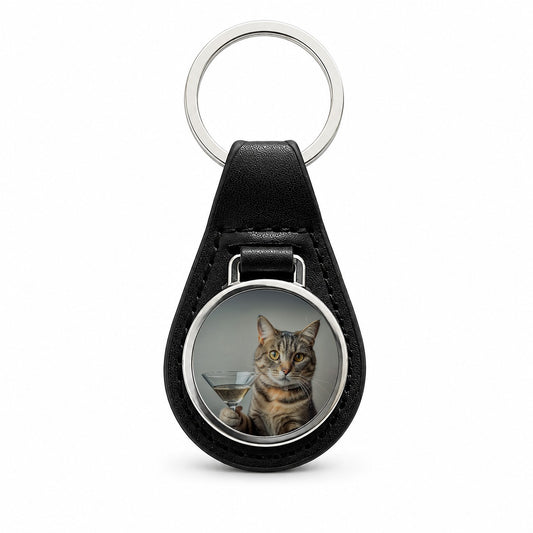 Cat Martini Glass Funny Black Leather Metal Keychain
