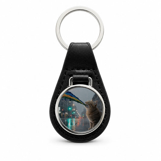 Cat Puking Rainbow Funny Black Leather Metal Keychain