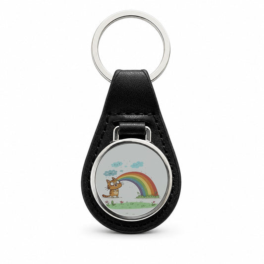 Cat Rainbow Pride Black Leather Metal Keychain