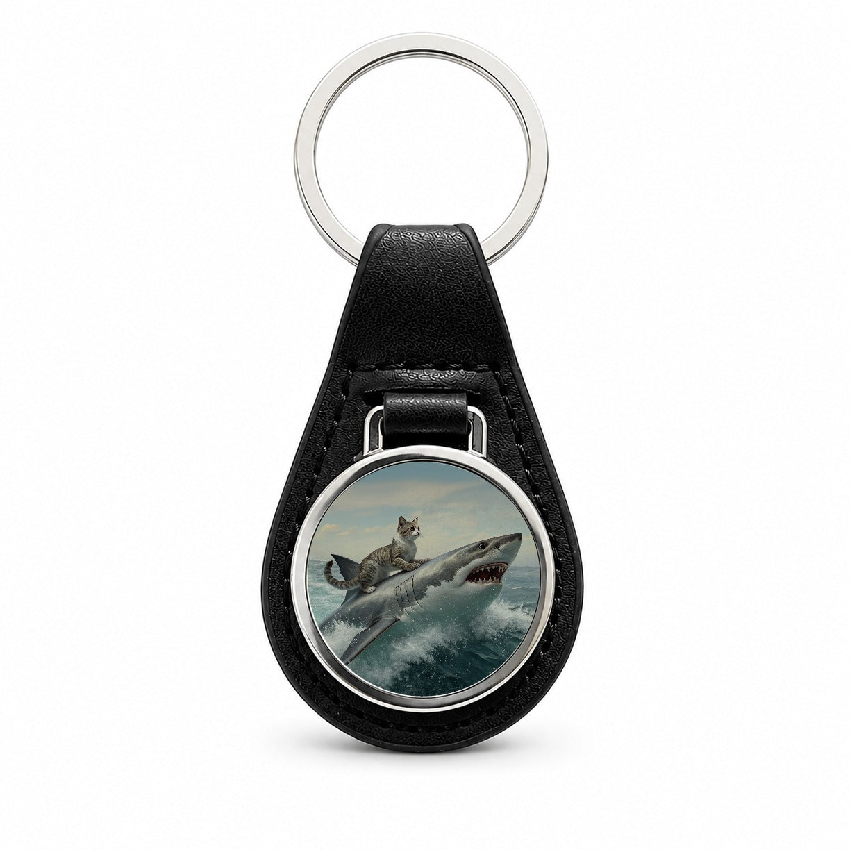 Cat Riding Shark Funny Black Leather Metal Keychain