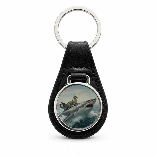Cat Riding Shark Funny Black Leather Metal Keychain