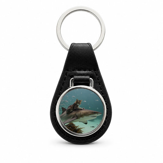 Cat Riding Shark Under Water Black Leather Metal Keychain