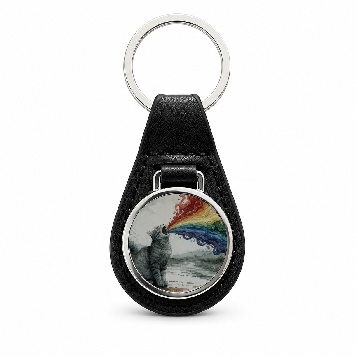 Cat Vomiting Rainbow Watercolor Black Leather Metal Keychain