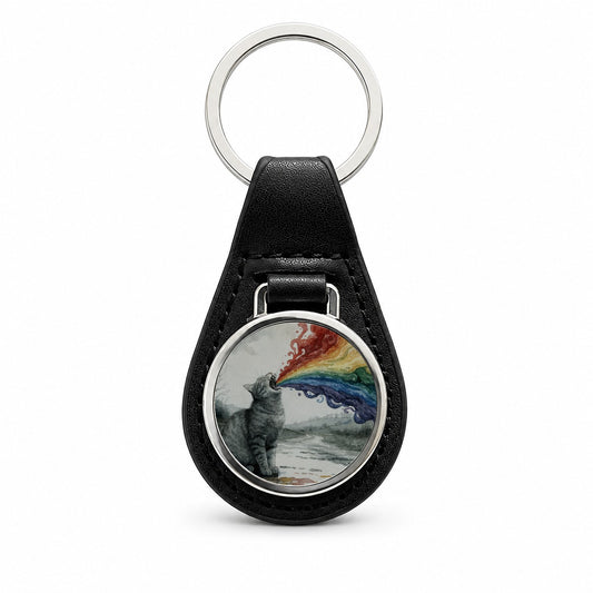 Cat Vomiting Rainbow Watercolor Black Leather Metal Keychain