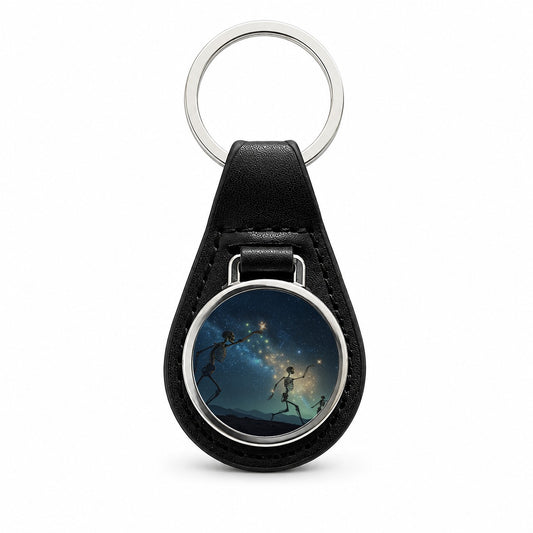 Celestial Dancing Skeletons Halloween Black Leather Metal Keychain