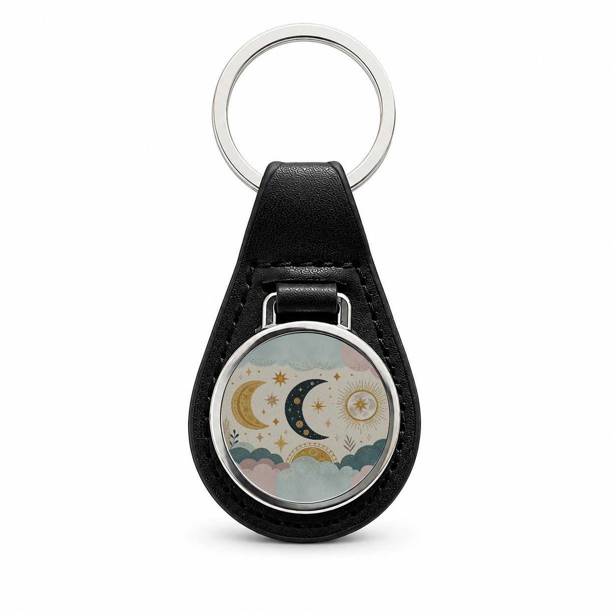 Celestial Moon Collage Black Leather Metal Keychain