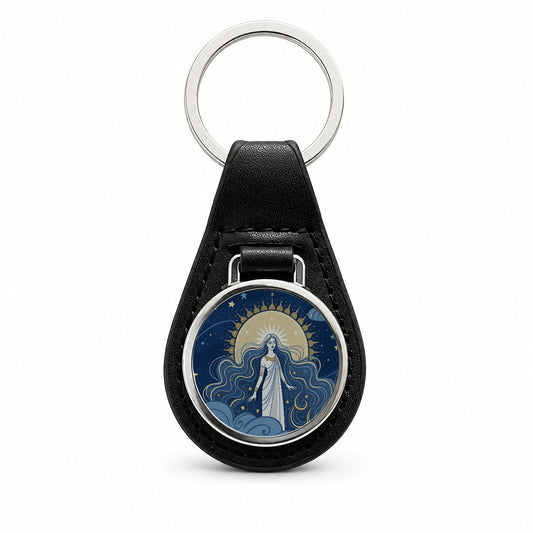 Celestial Moon Goddess Tarot Black Leather Metal Keychain