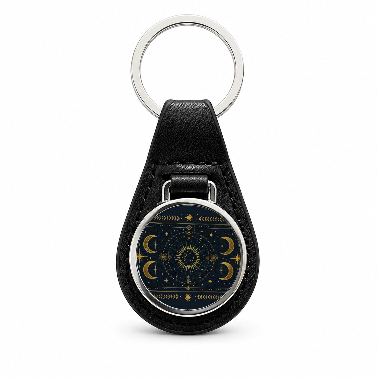 Celestial Mystical Tarot Art Black Leather Metal Keychain