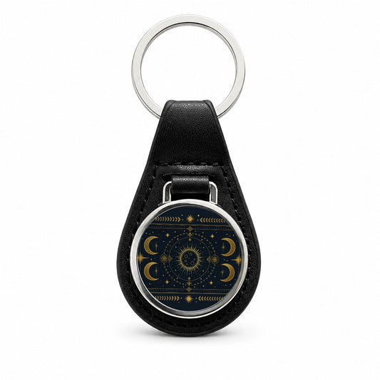 Celestial Mystical Tarot Art Black Leather Metal Keychain