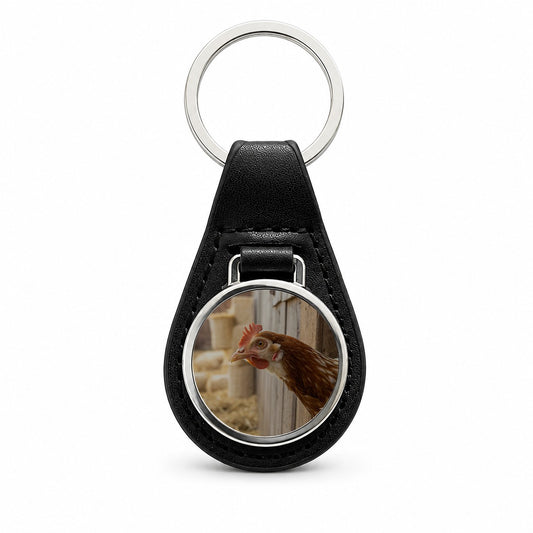 Chicken Barnyard Farm Life Black Leather Metal Keychain