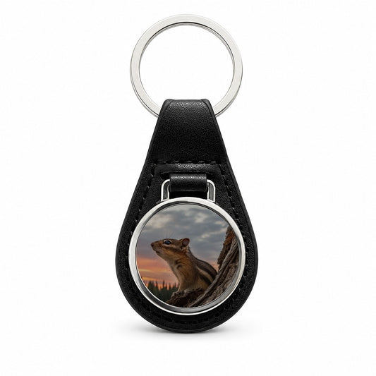 Chipmunk At Sunset Black Leather Metal Keychain
