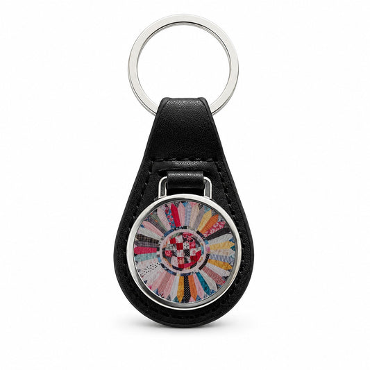 Circular Quilt Black Leather Metal Keychain