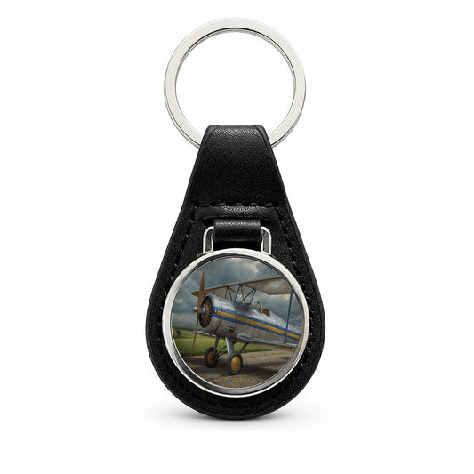 Classic Biplane Vintage Aircraft Black Leather Metal Keychain