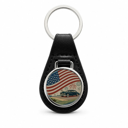 Classic USA Flag Celebration Patriotic Black Leather Metal Keychain