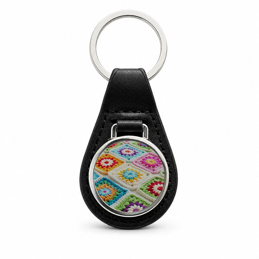 Colorful Crochet Granny Squares Black Leather Metal Keychain
