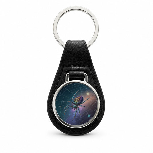 Cosmic Spider Web Halloween Black Leather Metal Keychain