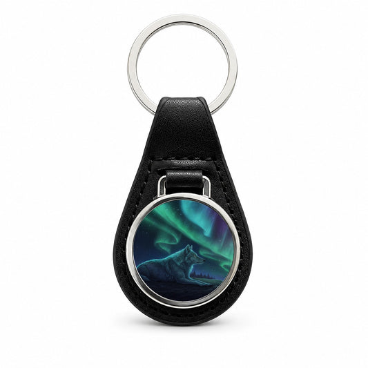 Cosmic Wolf Northern Lights Black Leather Metal Keychain