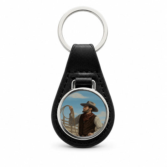 Cowboy Abraham Lincoln Black Leather Metal Keychain