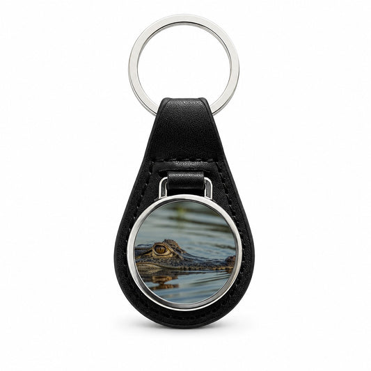 Crocodile In Water Wildlife Black Leather Metal Keychain