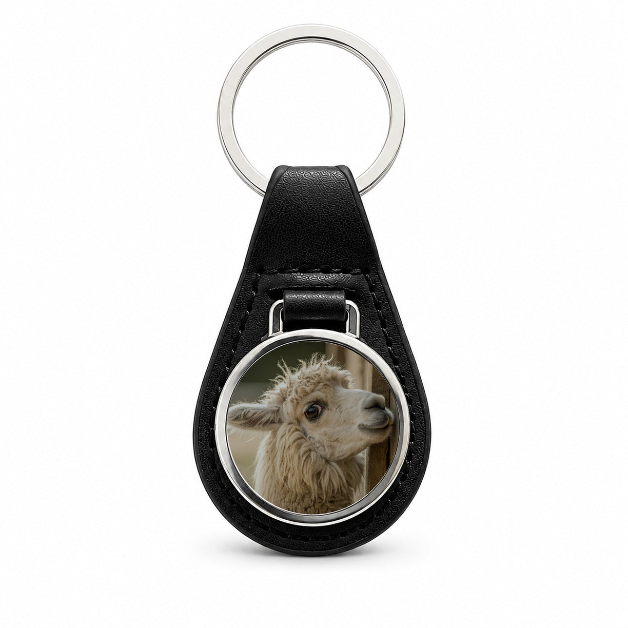 Curious Alpaca Close Up Black Leather Metal Keychain