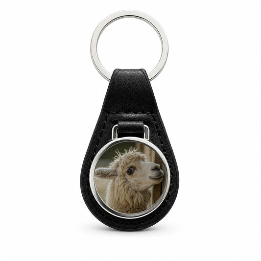 Curious Alpaca Close Up Black Leather Metal Keychain