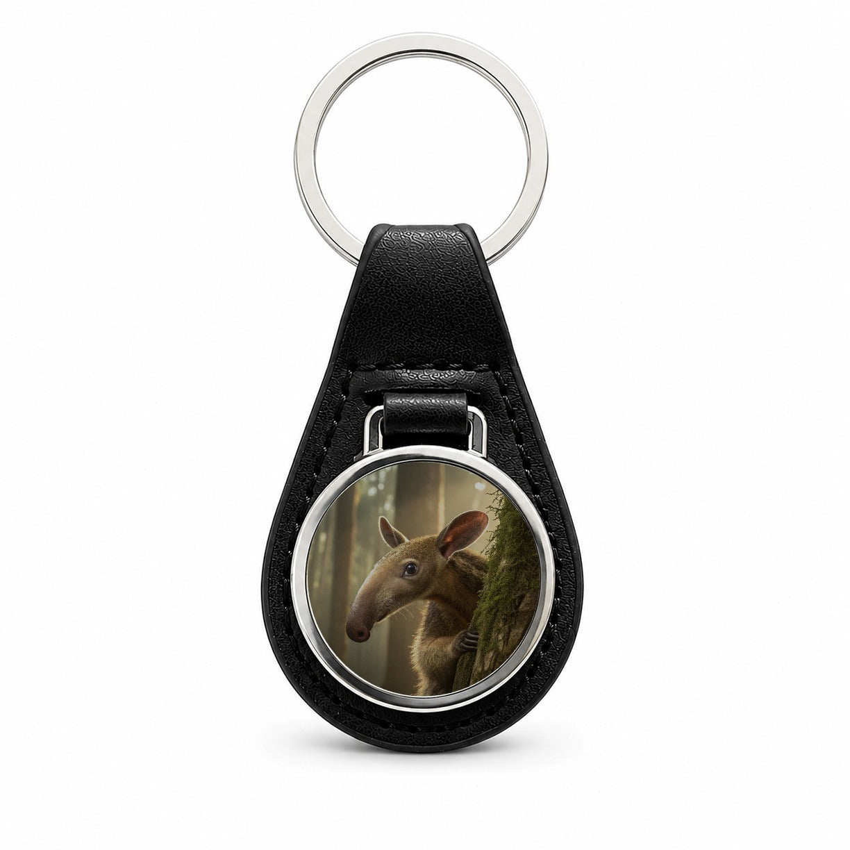 Curious Anteater Nature Photo Black Leather Metal Keychain
