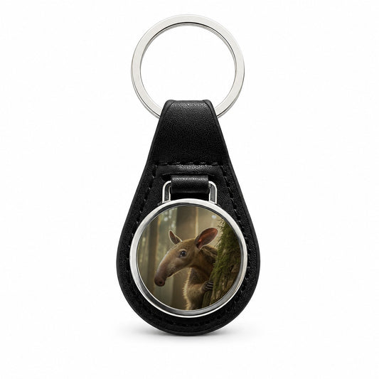 Curious Anteater Nature Photo Black Leather Metal Keychain