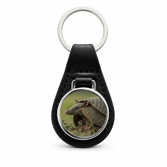 Curious Armadillo Wildlife Nature Black Leather Metal Keychain