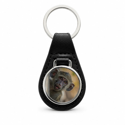 Curious Baboon Wildlife Nature Black Leather Metal Keychain