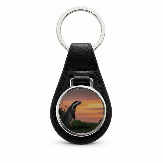 Curious Badger Sunset Scene Black Leather Metal Keychain